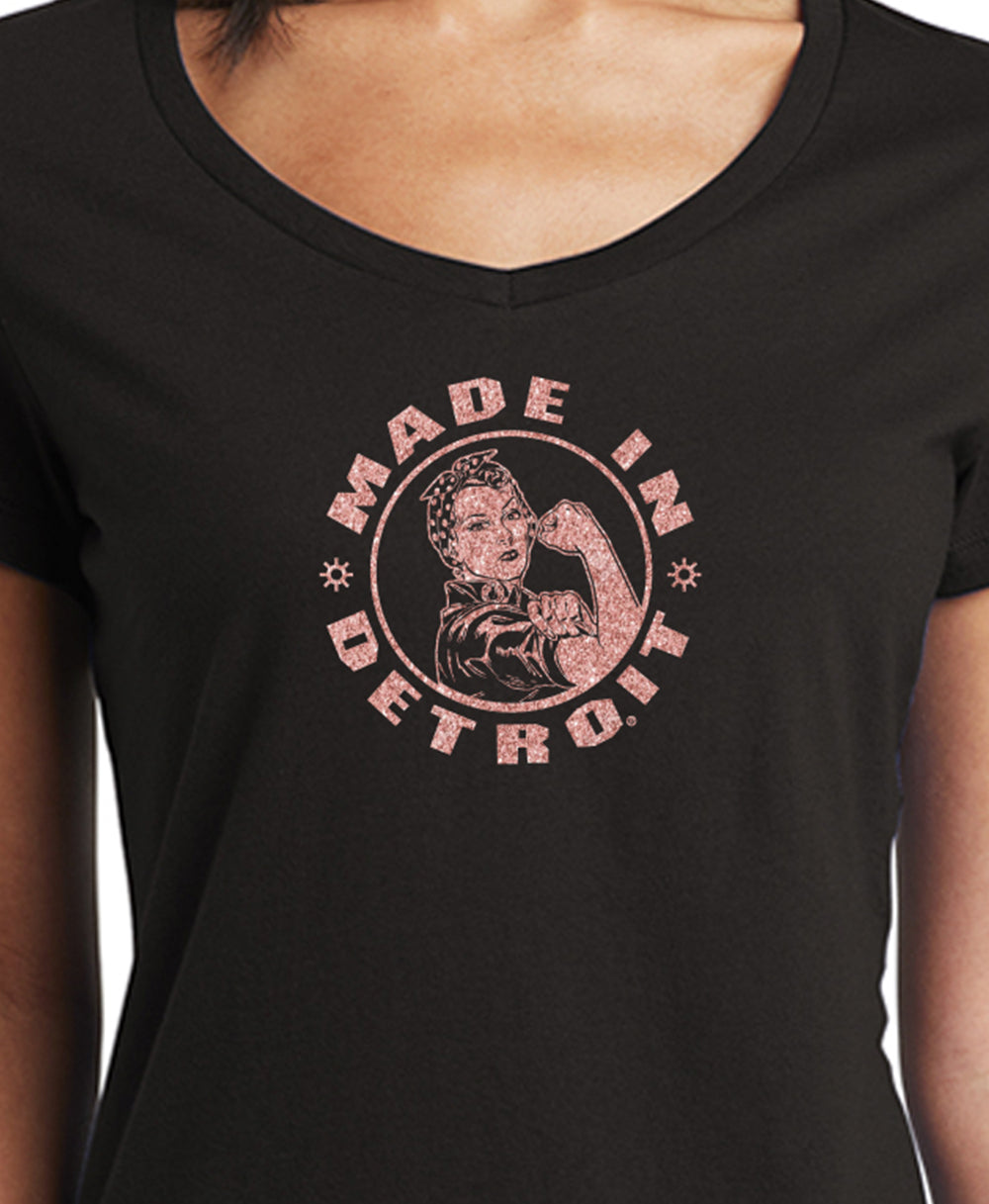 Ladies Rose Gold Black Missy V-Neck
