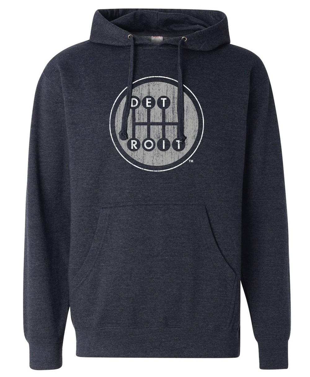Heather Navy Pullover Hoodie with Detroit Shifter Print in Grey and White