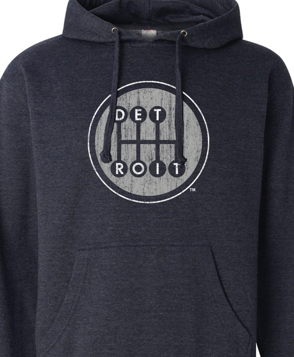 Heather Navy Pullover Hoodie with Detroit Shifter Print in Grey and White