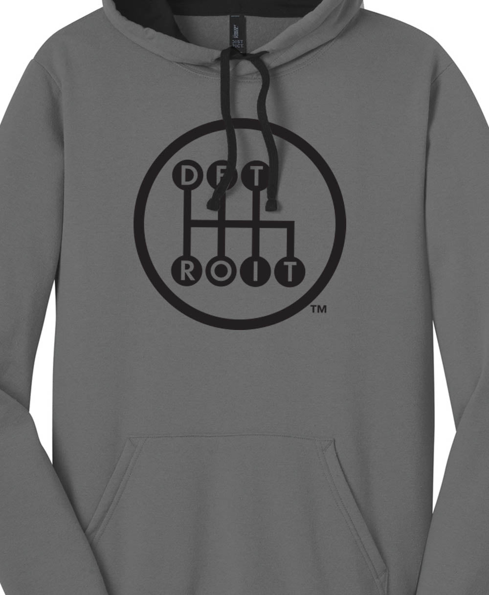 Detroit Shifter design printed in black on gray hoodie with black lined hood.
