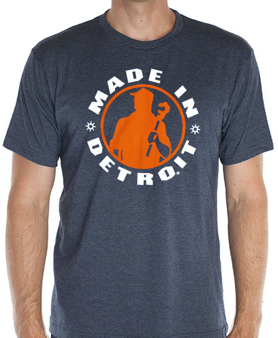 Made In Detroit wrenchman design on Heather Navy T-shirt