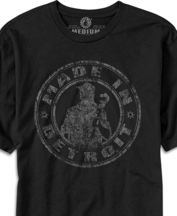 Made In Detroit Wrenchman distressed design printed on Black T-shirt.