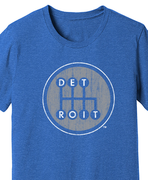 Detroit Shifter Grey Print on Royal Heather T-shirt. Made In Detroit.