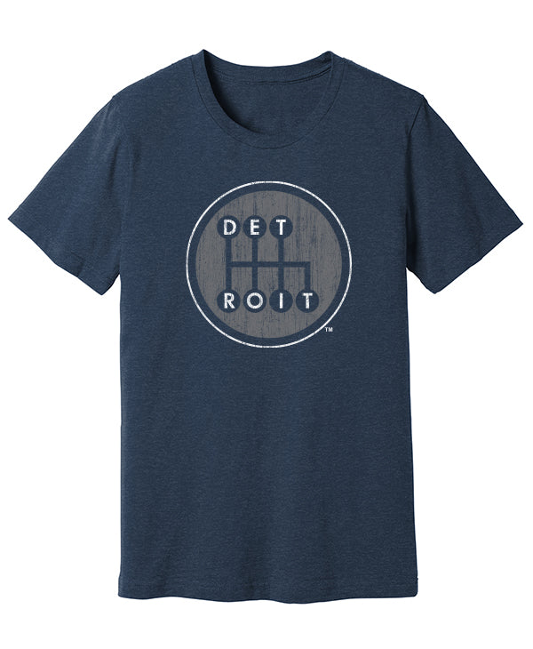 Detroit Shifter Grey Print on True Heather Navy T-shirt. Made In Detroit.