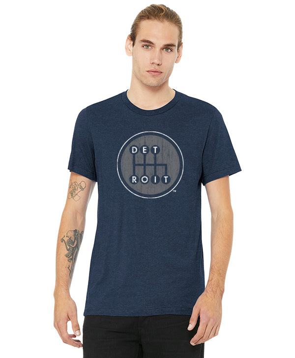 Detroit Shifter Grey Print on True Heather Navy T-shirt. Made In Detroit.