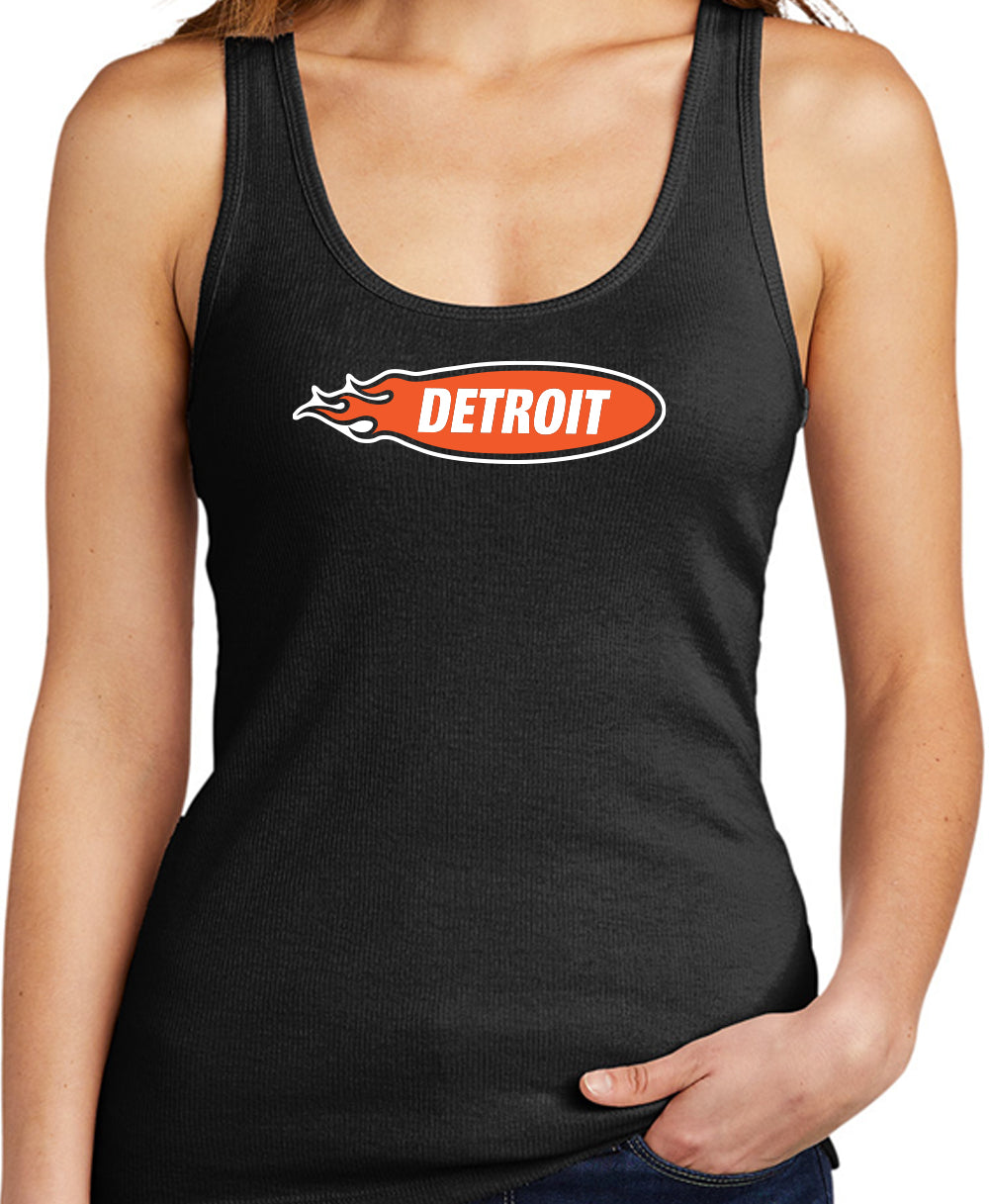 Ladies Detroit Flame Black Ribbed Tank